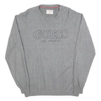 GUESS Mens Grey Plain Cotton Blend Jumper Crew Neck Basic Knit L Casual