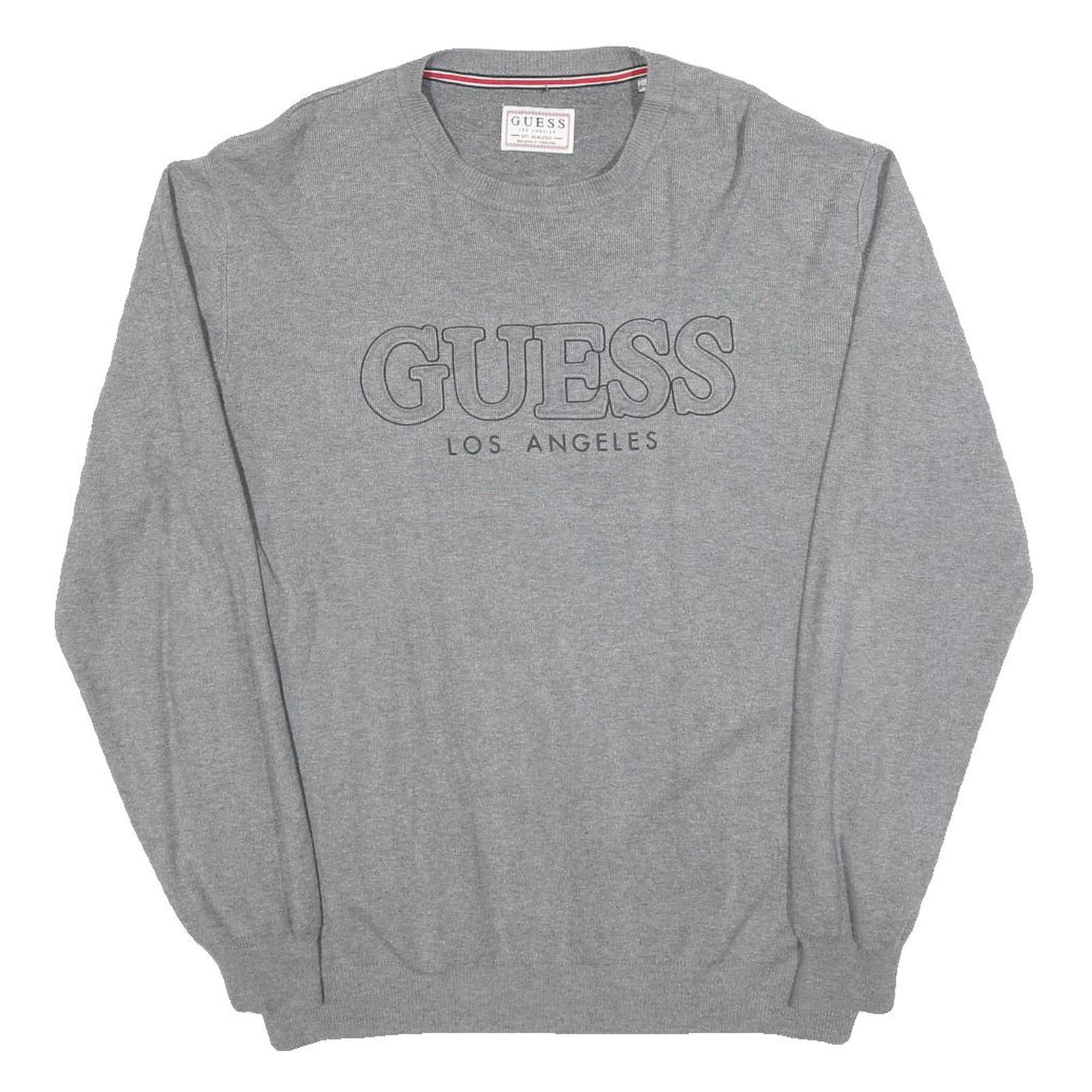 GUESS Mens Grey Plain Cotton Blend Jumper Crew Neck Basic Knit L Casual