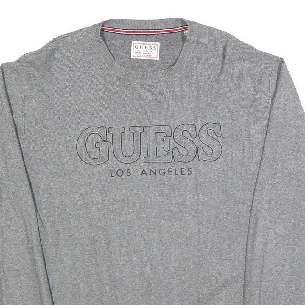 GUESS Mens Grey Plain Cotton Blend Jumper Crew Neck Basic Knit L Casual
