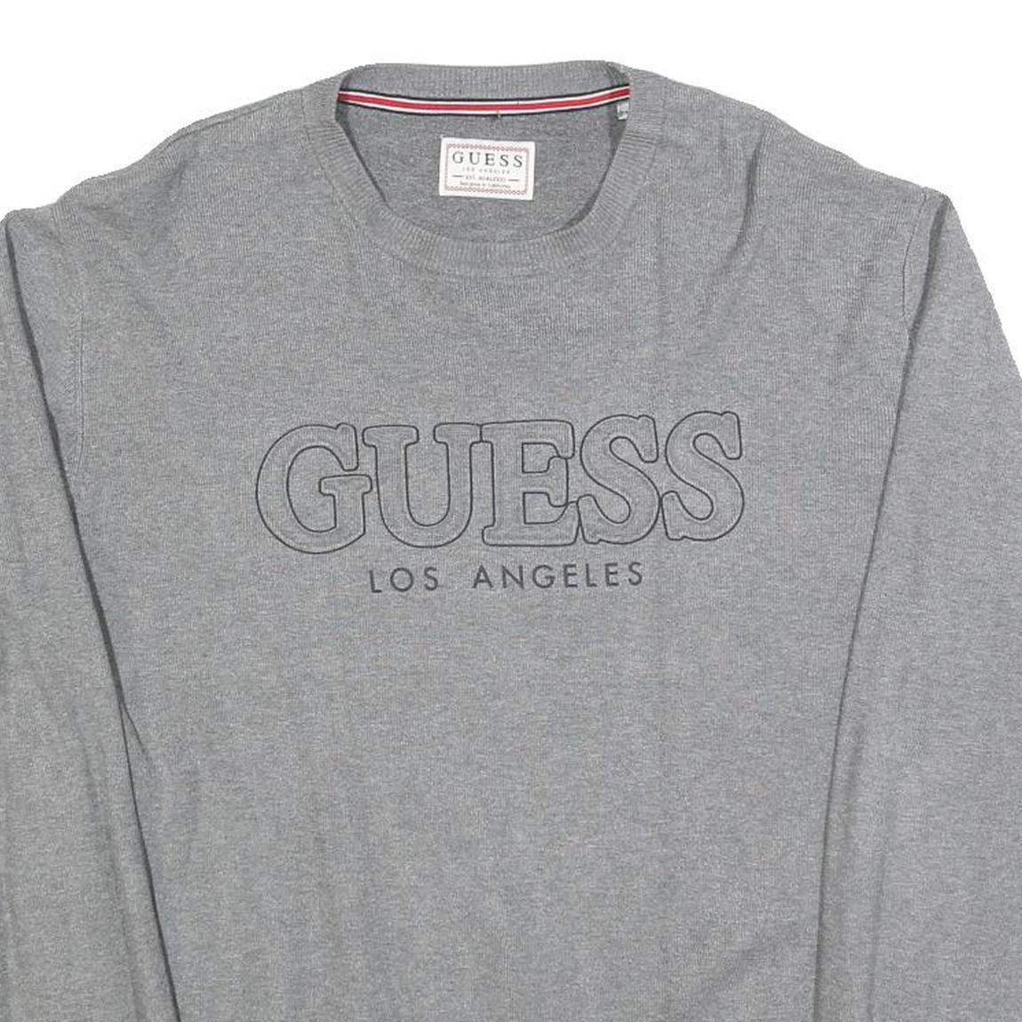GUESS Mens Grey Plain Cotton Blend Jumper Crew Neck Basic Knit L Casual
