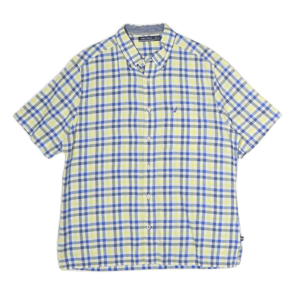 NAUTICA Mens Blue & Yellow Check Shirt L Cotton Short Sleeve Casual Summer