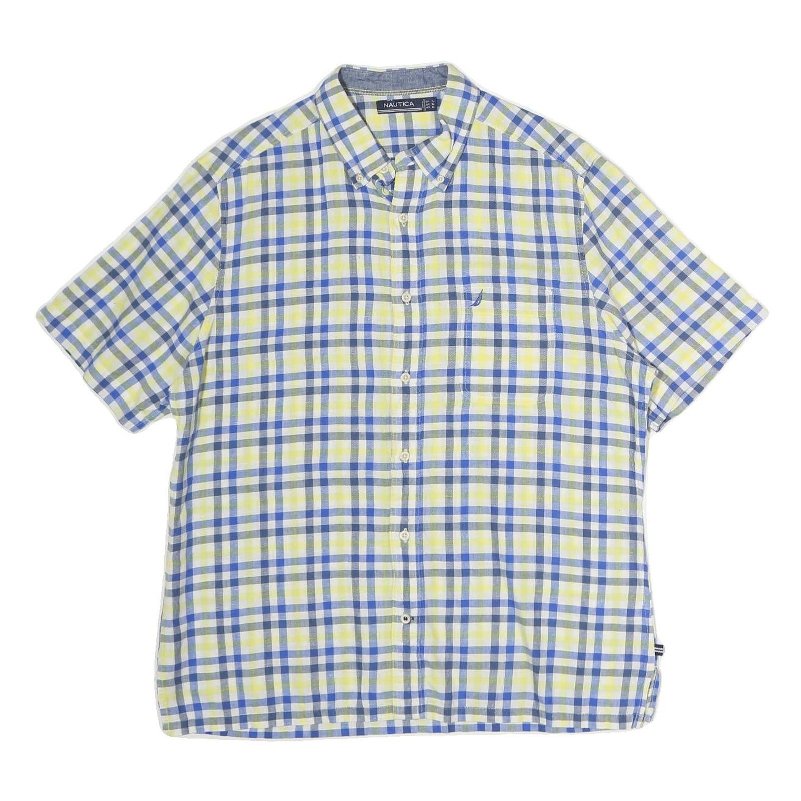 NAUTICA Mens Blue & Yellow Check Shirt L Cotton Short Sleeve Casual Summer