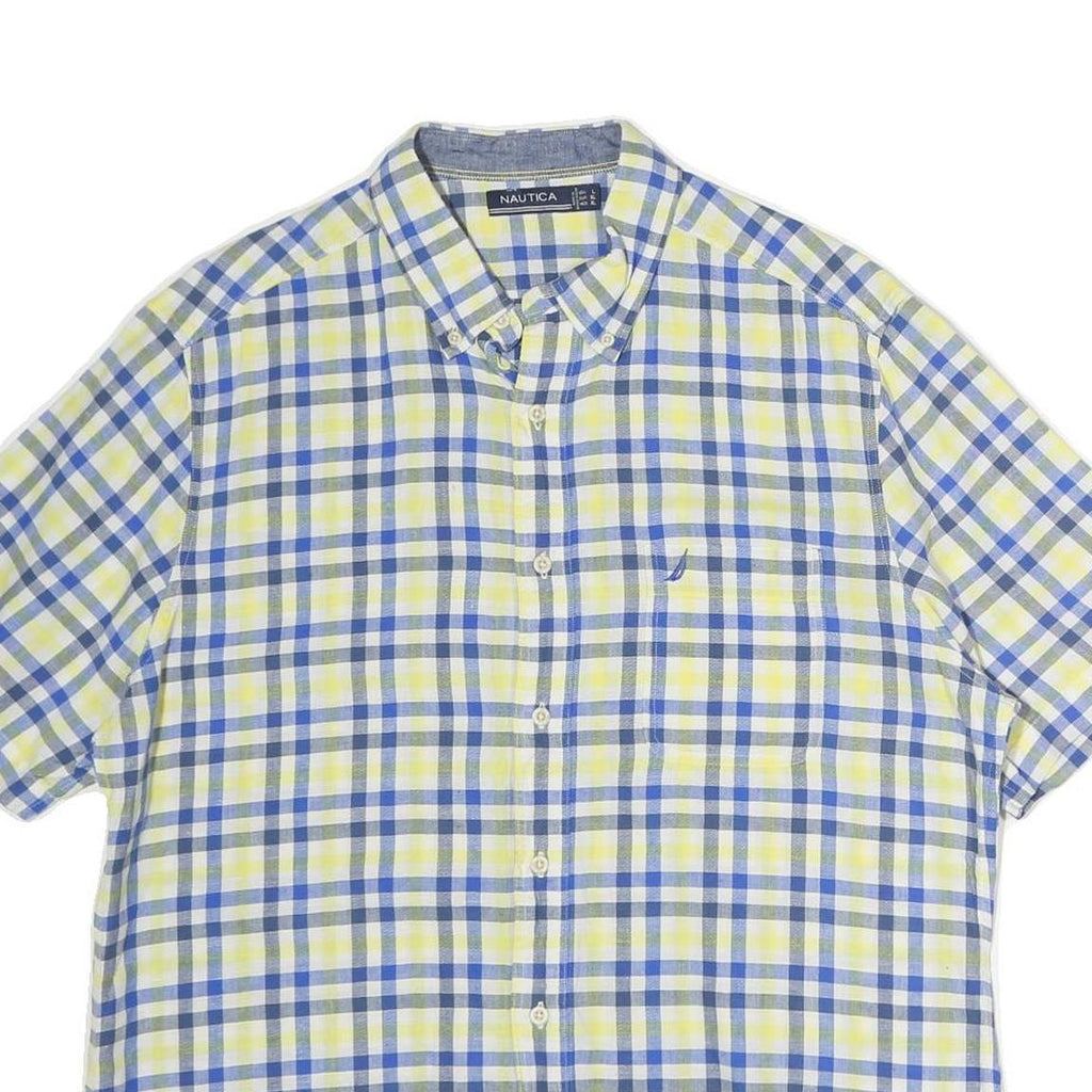 NAUTICA Mens Blue & Yellow Check Shirt L Cotton Short Sleeve Casual Summer