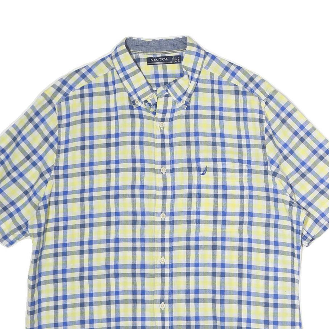 NAUTICA Mens Blue & Yellow Check Shirt L Cotton Short Sleeve Casual Summer