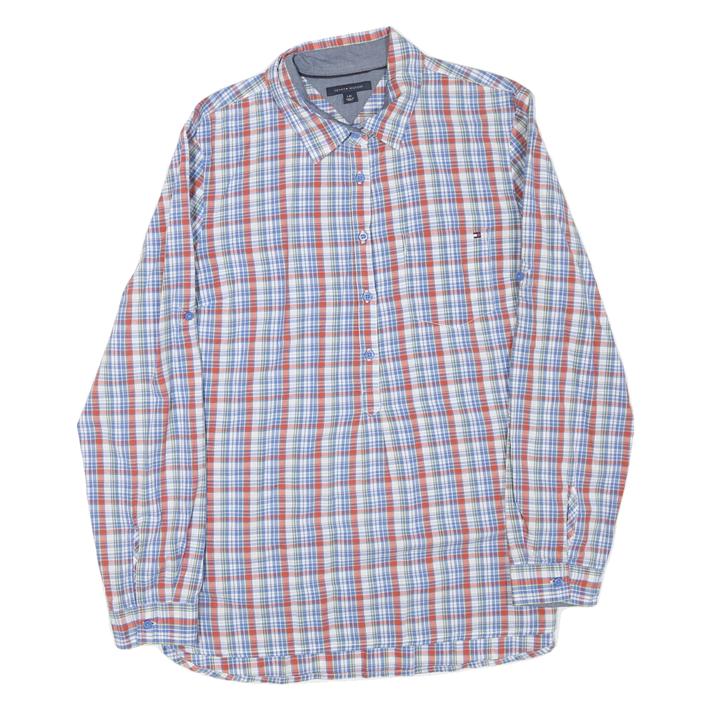 TOMMY HILFIGER Mens Blue & Red Check Shirt L Cotton Blend Classic Fit Casual