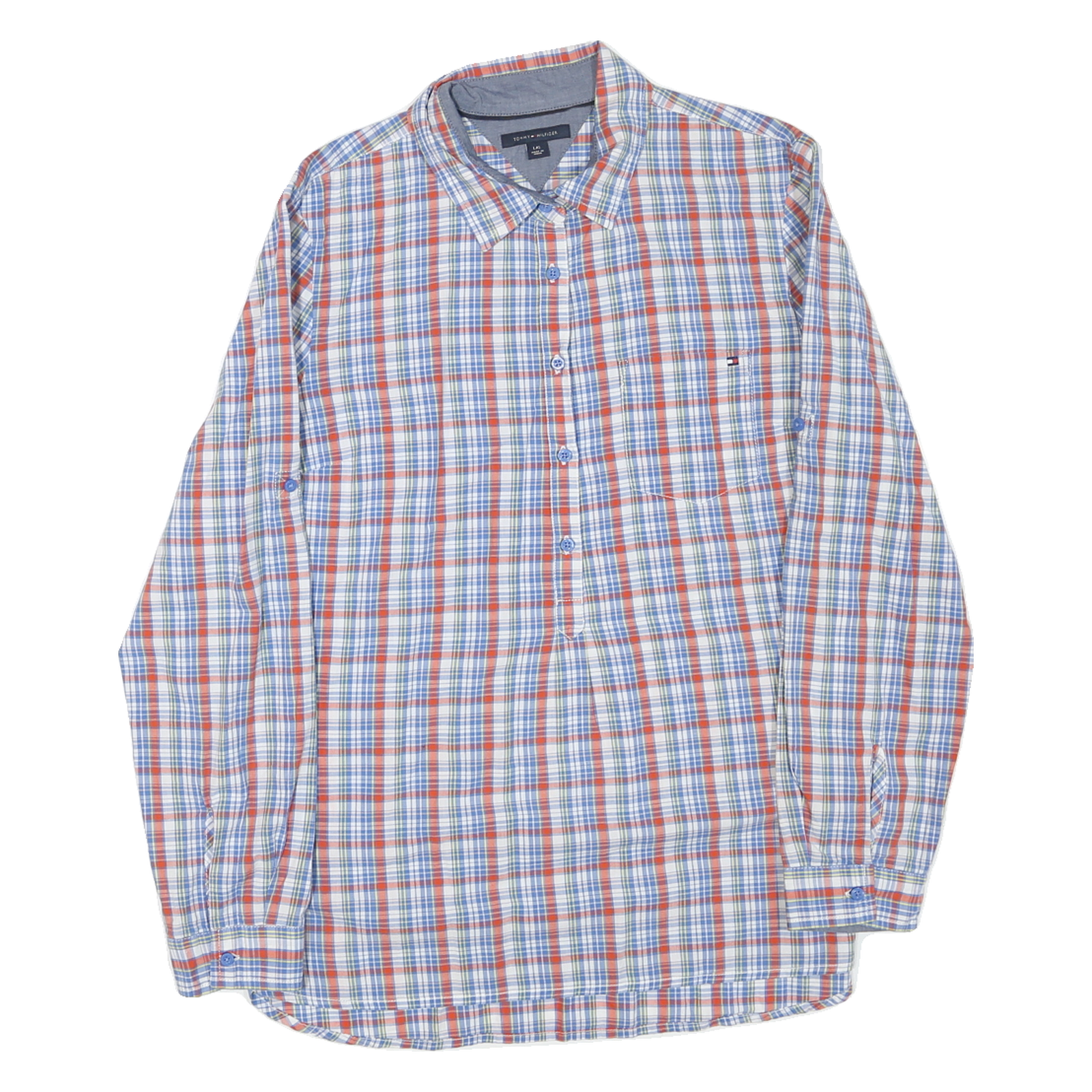 TOMMY HILFIGER Mens Blue & Red Check Shirt L Cotton Blend Classic Fit Casual