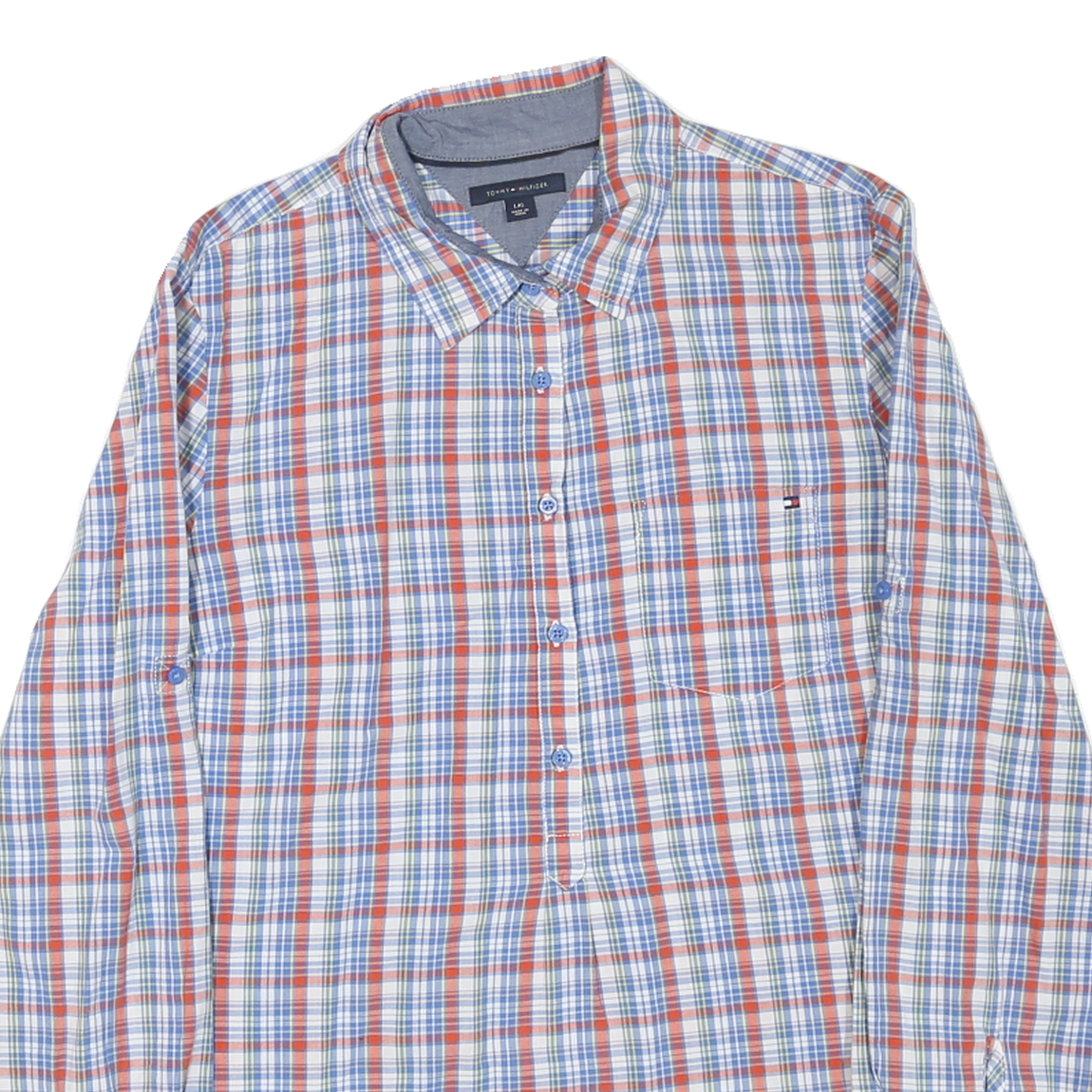 TOMMY HILFIGER Mens Blue & Red Check Shirt L Cotton Blend Classic Fit Casual