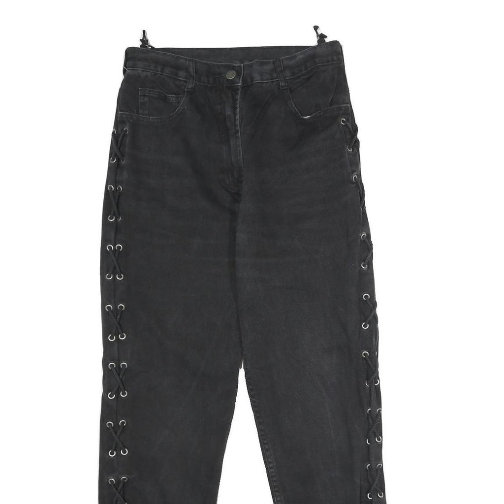 C&A Womens Classic Black Cotton Denim Jeans W28 L30 Side Lace Up Zip Closure