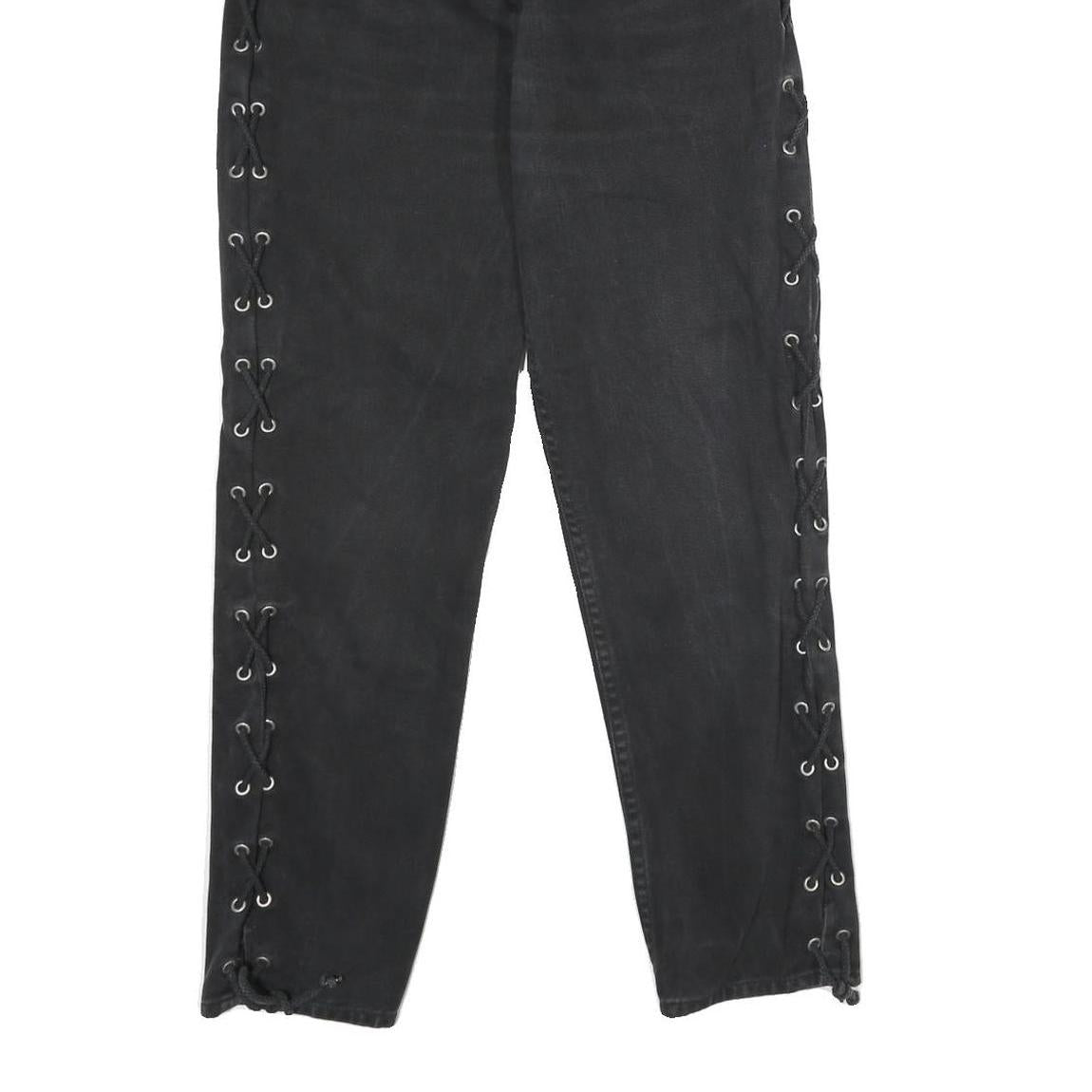 C&A Womens Classic Black Cotton Denim Jeans W28 L30 Side Lace Up Zip Closure