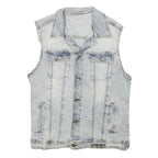 ZARA Mens Blue Denim Sleeveless Jacket L Cotton Blend Button Closure Casual