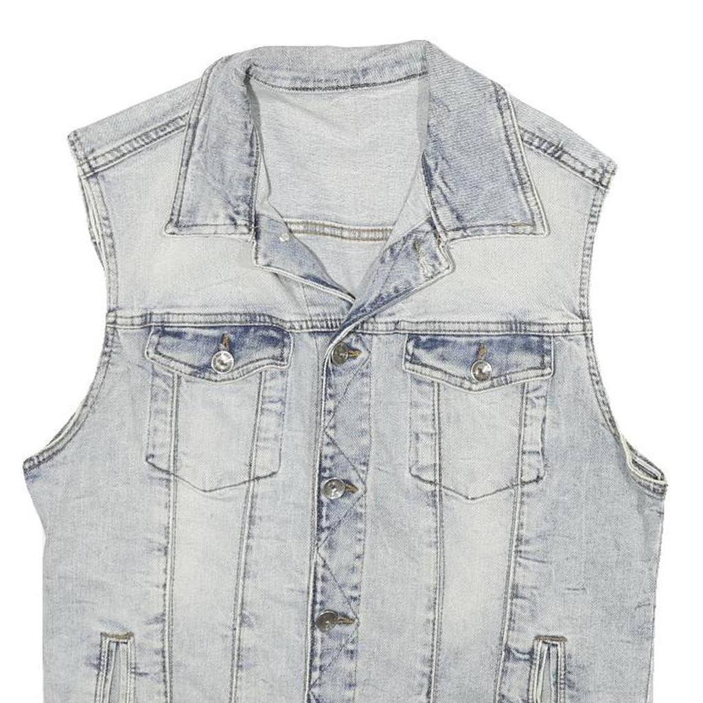 ZARA Mens Blue Denim Sleeveless Jacket L Cotton Blend Button Closure Casual