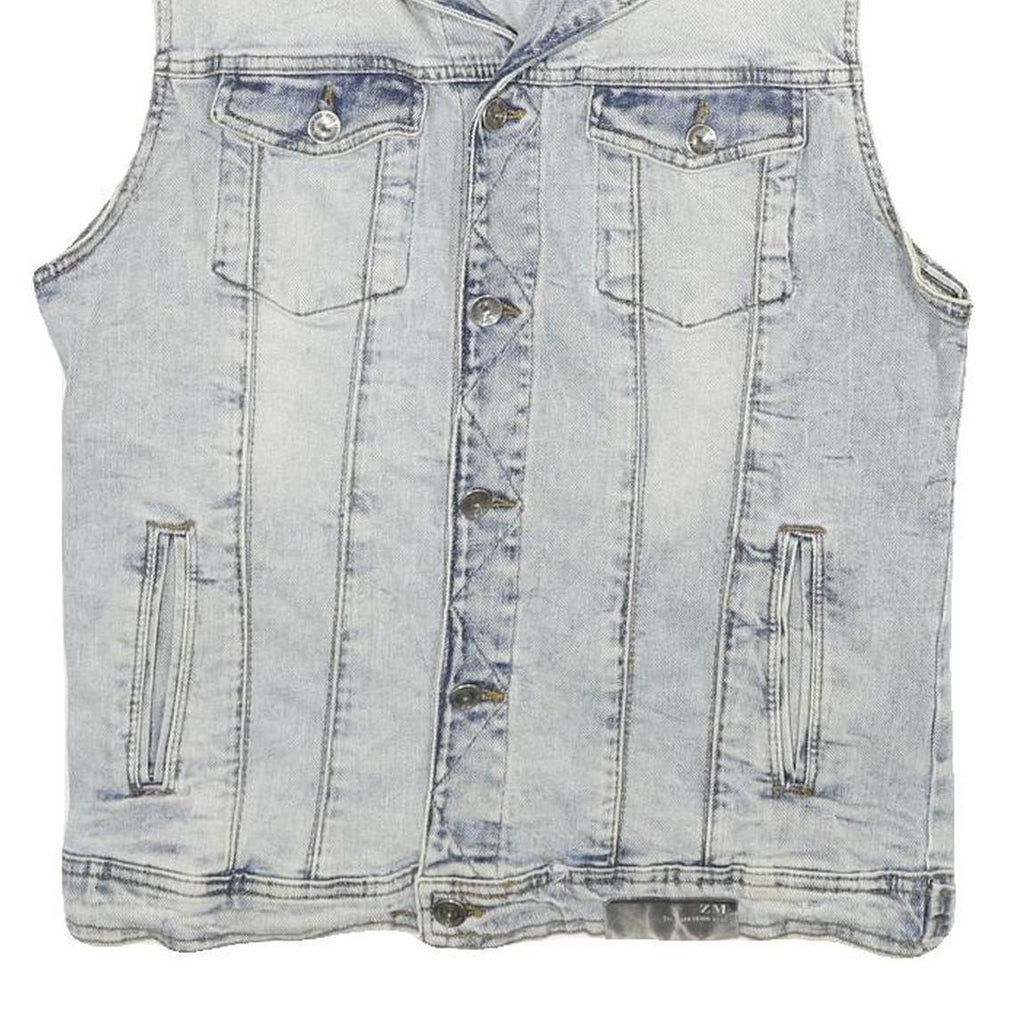 ZARA Mens Blue Denim Sleeveless Jacket L Cotton Blend Button Closure Casual