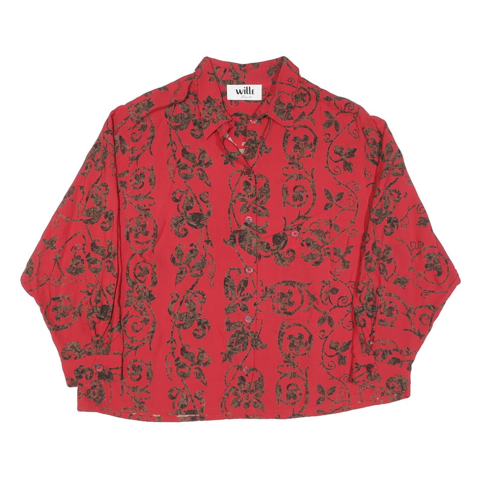 Womens Red Shirt XL Floral Vine Print Button Collar Relaxed Fit Vintage Style