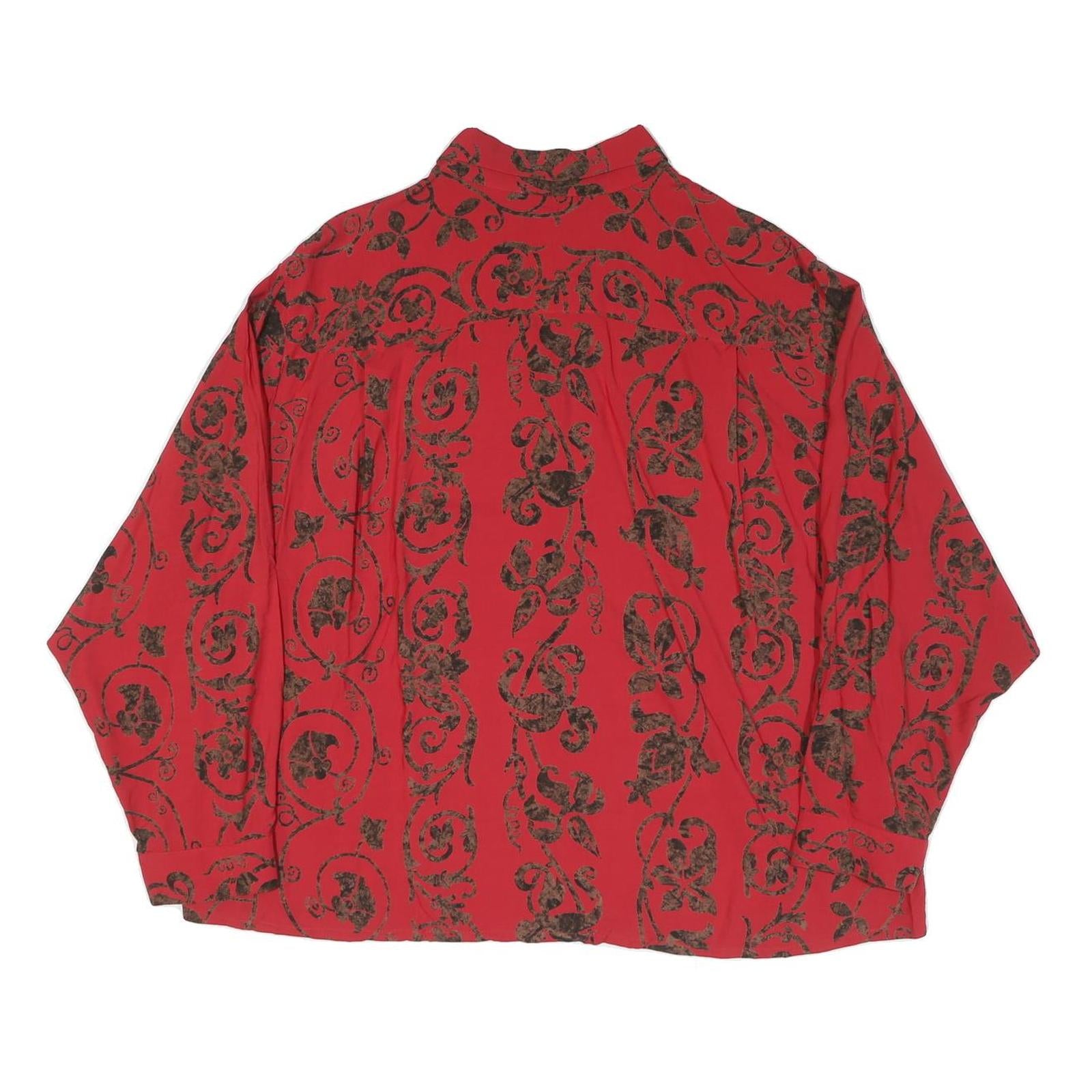 Womens Red Shirt XL Floral Vine Print Button Collar Relaxed Fit Vintage Style