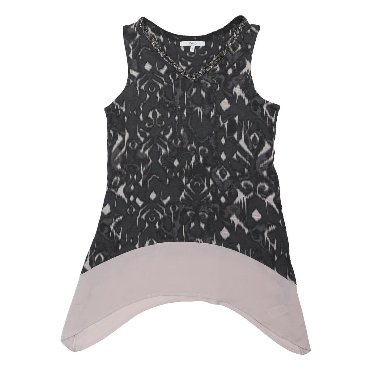 NEXT Womens Black & Cream Printed Sleeveless V-Neck Cotton Blend Top UK 8