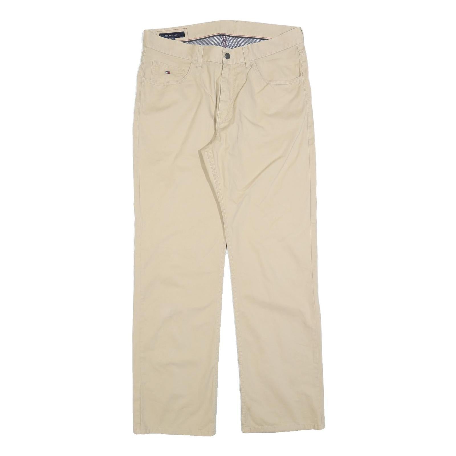 TOMMY HILFIGER Mens Cotton Blend Beige Regular Straight Trousers W34 L32 Classic