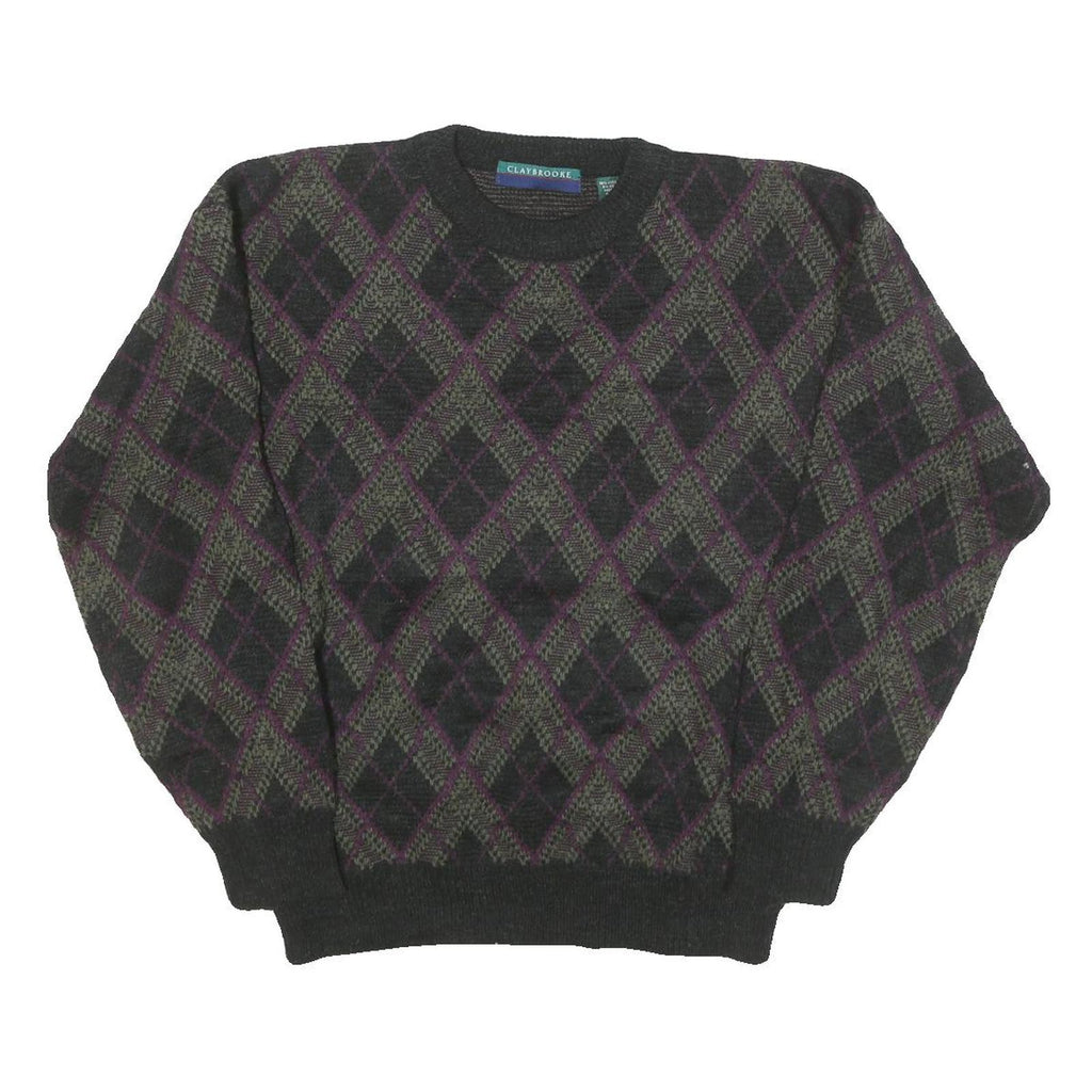 CLAY BROOKE Mens Green & Purple Patterned Jumper Crew Neck Basic Knit M Warm