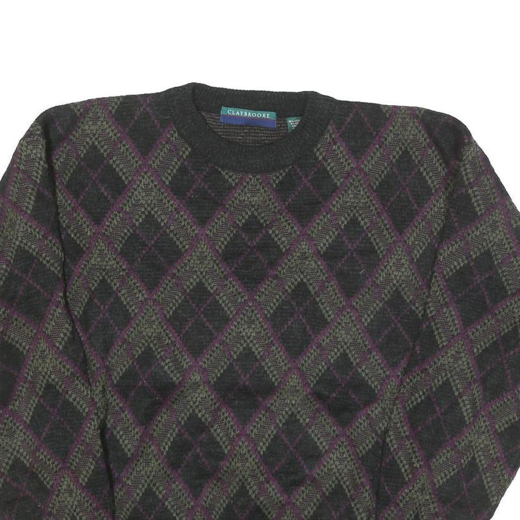 CLAY BROOKE Mens Green & Purple Patterned Jumper Crew Neck Basic Knit M Warm