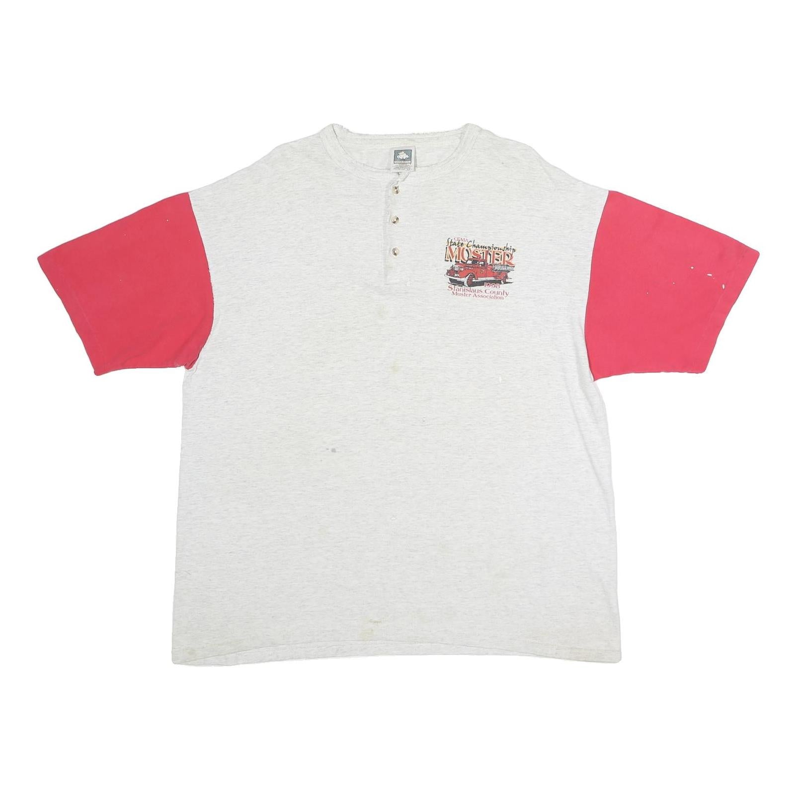 COTTON KING Mens White & Red Graphic T-Shirt XL Short Sleeve Henley Button