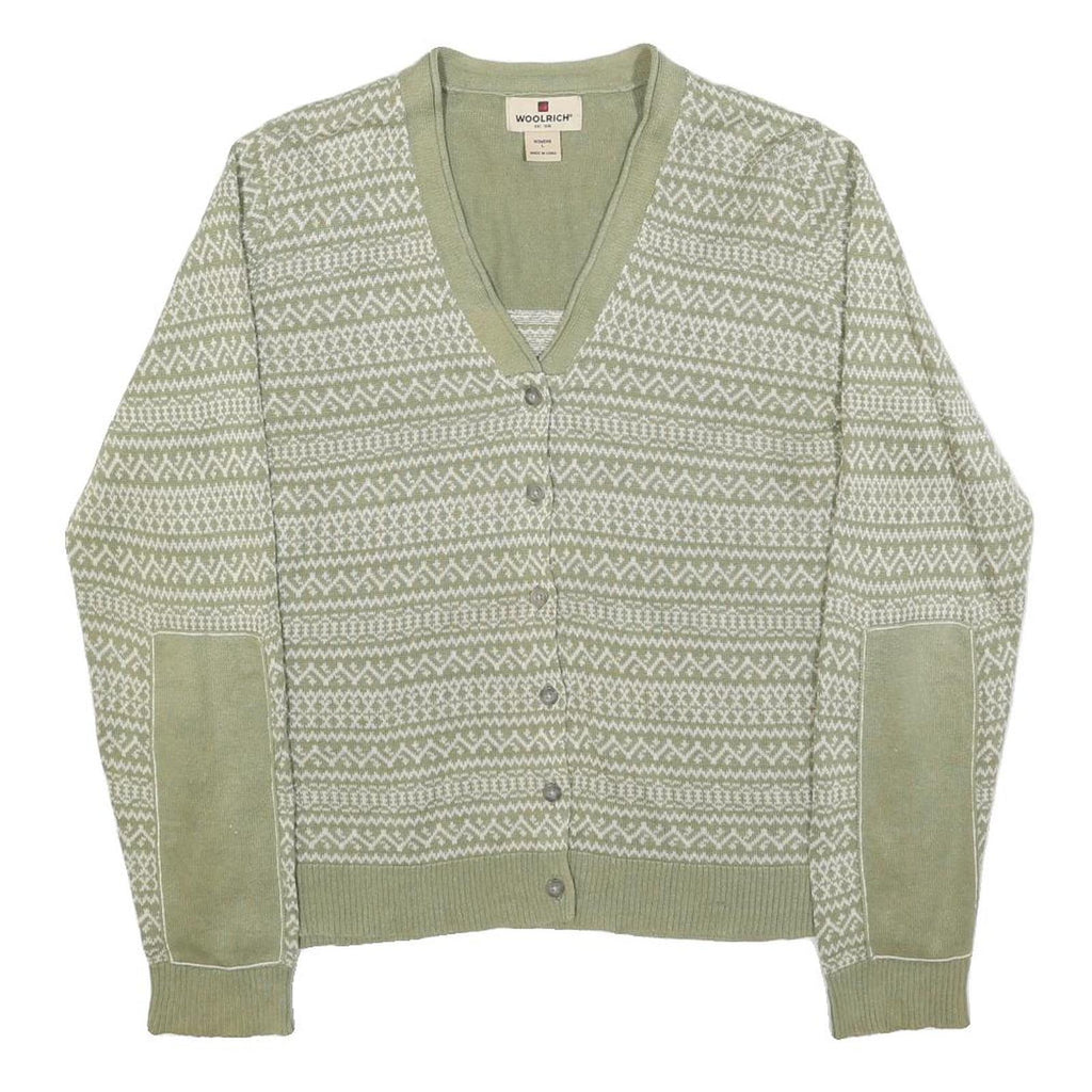 WOOLRICH Womens Green & Cream Patterned Cardigan V-Neck Basic Knit L Fair Isle