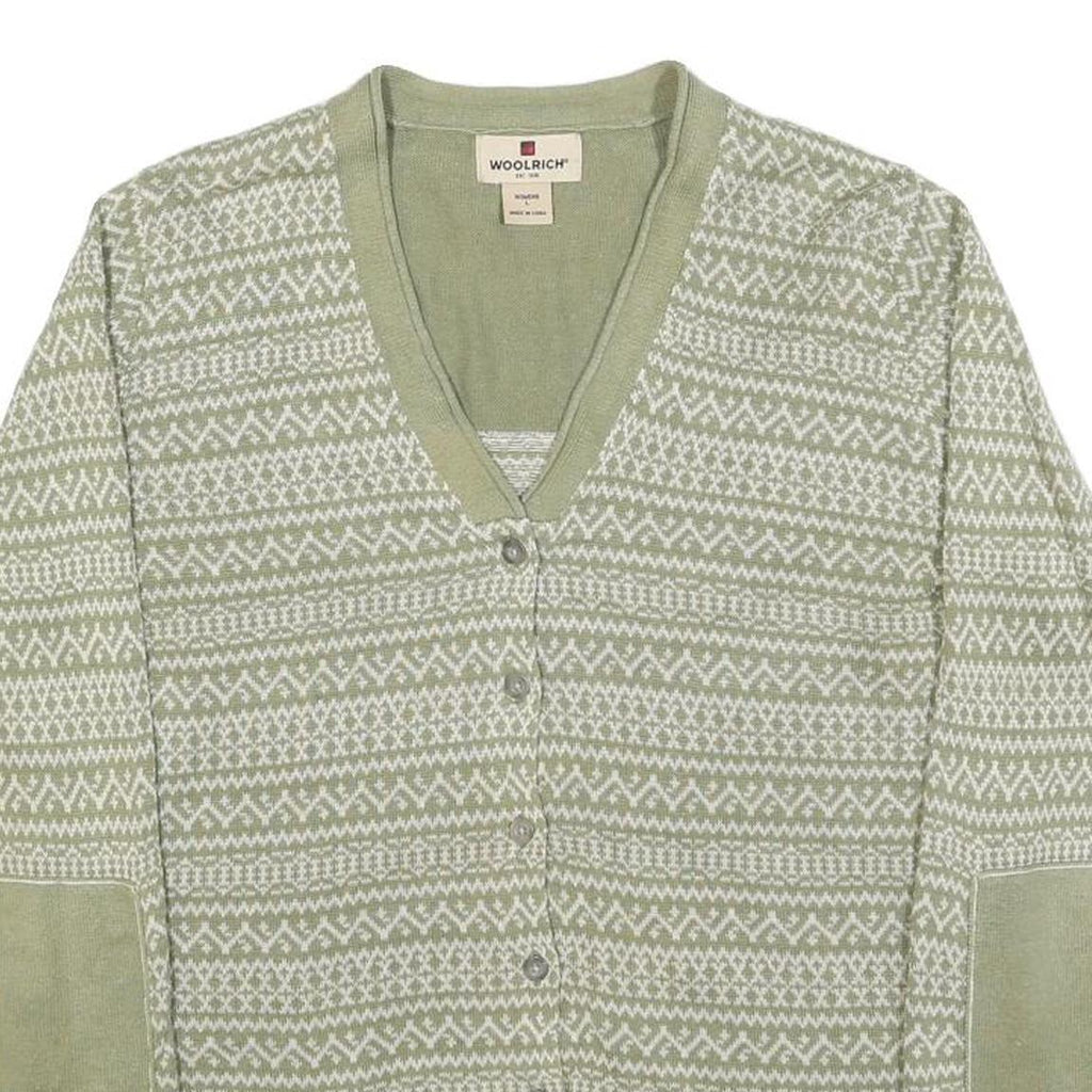 WOOLRICH Womens Green & Cream Patterned Cardigan V-Neck Basic Knit L Fair Isle