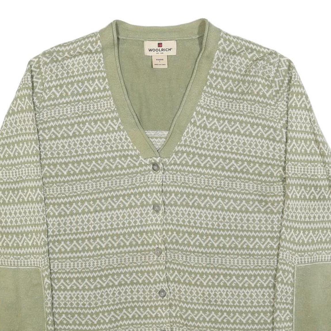 WOOLRICH Womens Green & Cream Patterned Cardigan V-Neck Basic Knit L Fair Isle