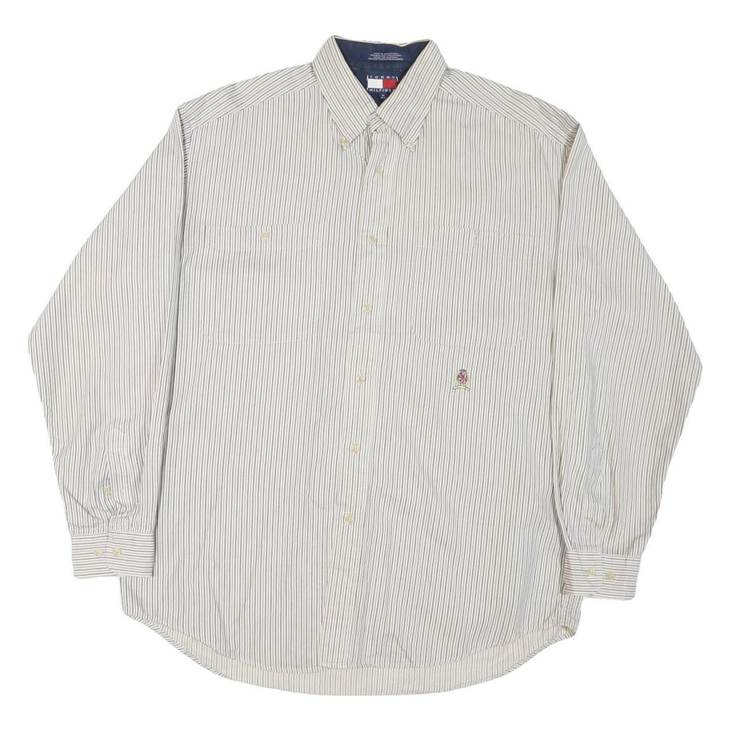 TOMMY HILFIGER Mens White & Grey Striped Shirt M Classic Button-Down Cotton