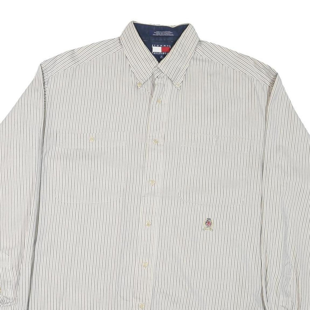 TOMMY HILFIGER Mens White & Grey Striped Shirt M Classic Button-Down Cotton