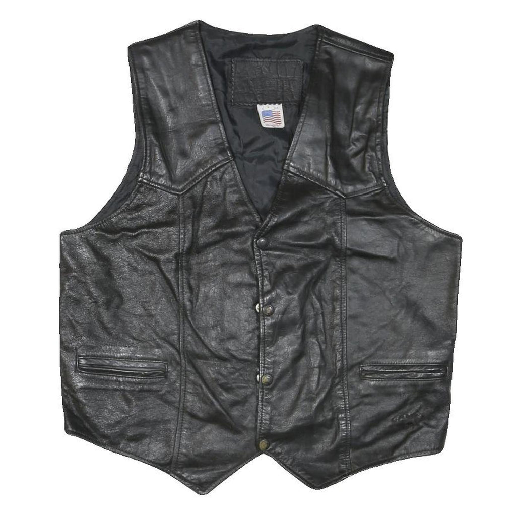 BRANDED GARMENTS Mens Black Leather Waistcoat L Woven Classic Zip Front