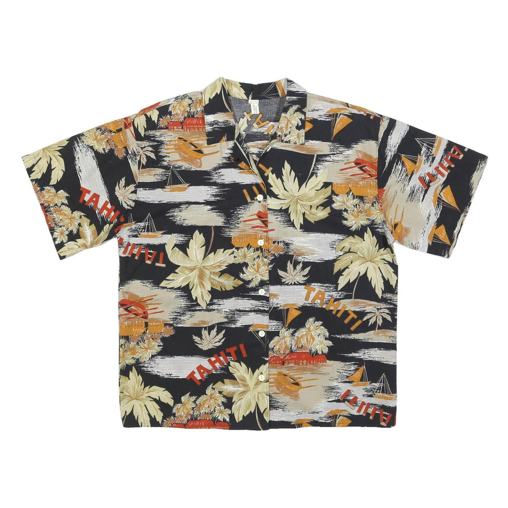 Womens Black & Beige Tahiti Printed Shirt Short Sleeve Collared L Tropical