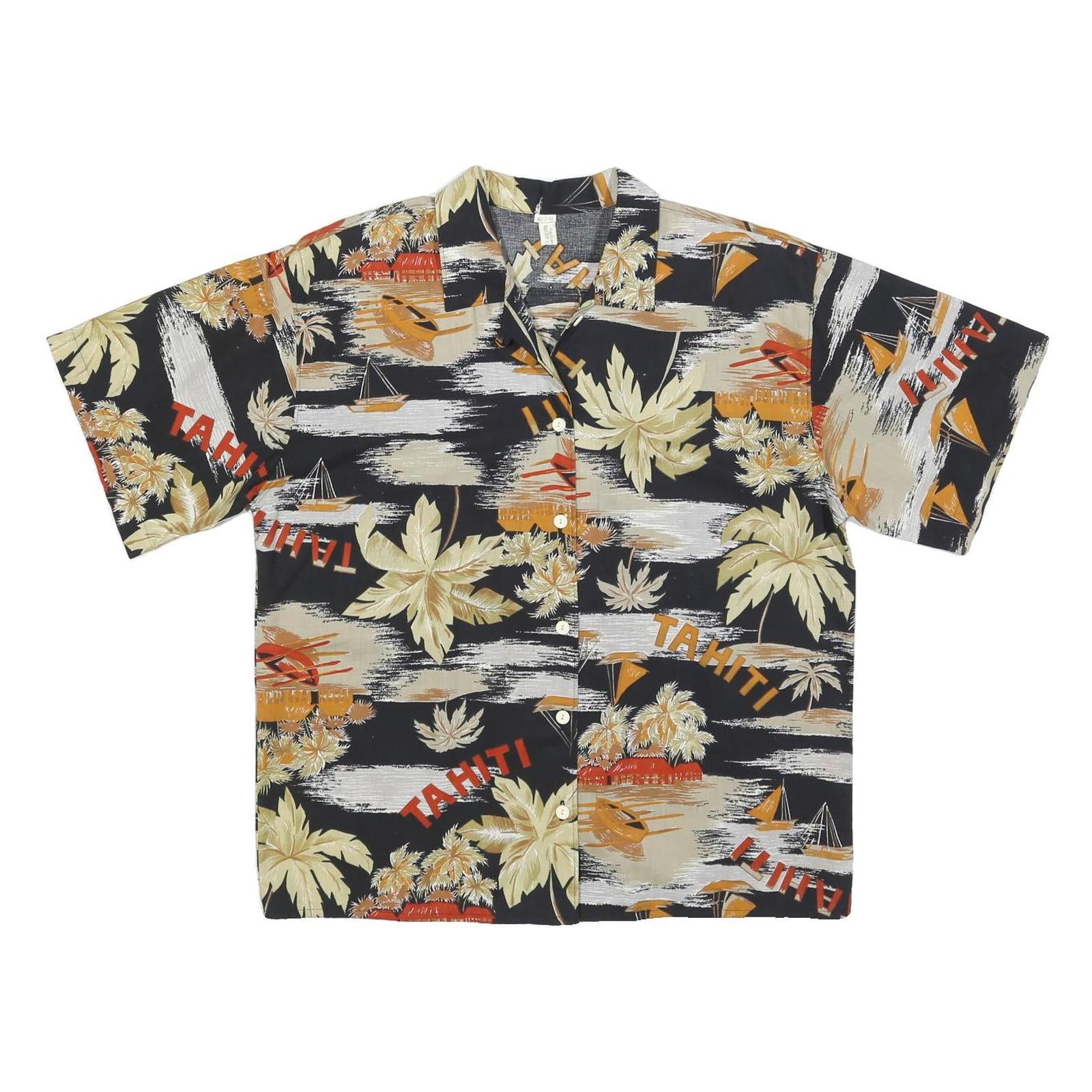 Womens Black & Beige Tahiti Printed Shirt Short Sleeve Collared L Tropical