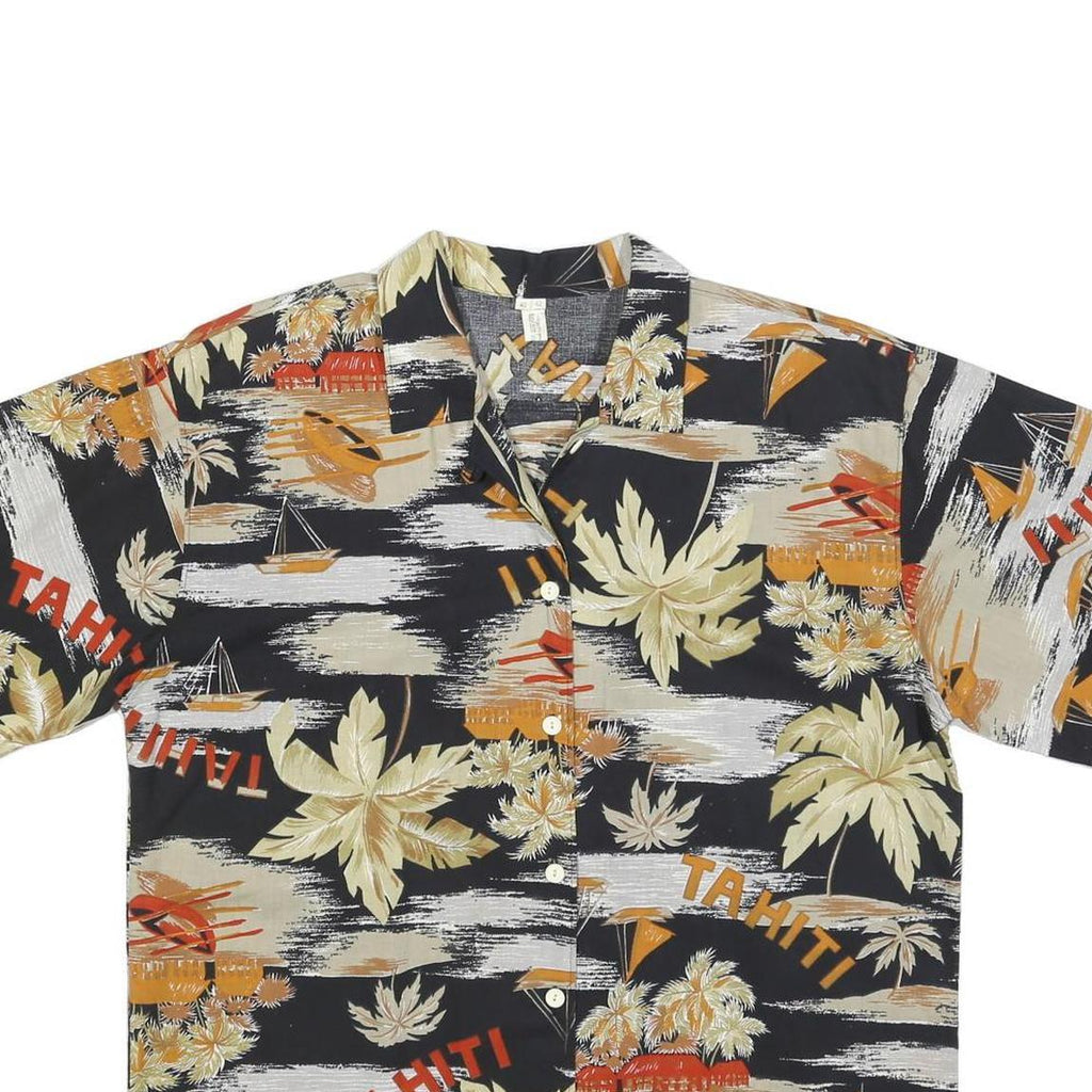 Womens Black & Beige Tahiti Printed Shirt Short Sleeve Collared L Tropical