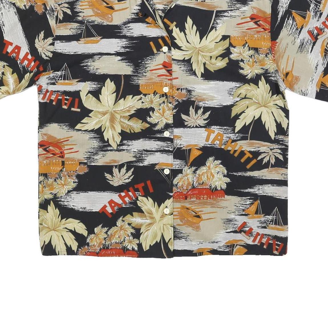 Womens Black & Beige Tahiti Printed Shirt Short Sleeve Collared L Tropical