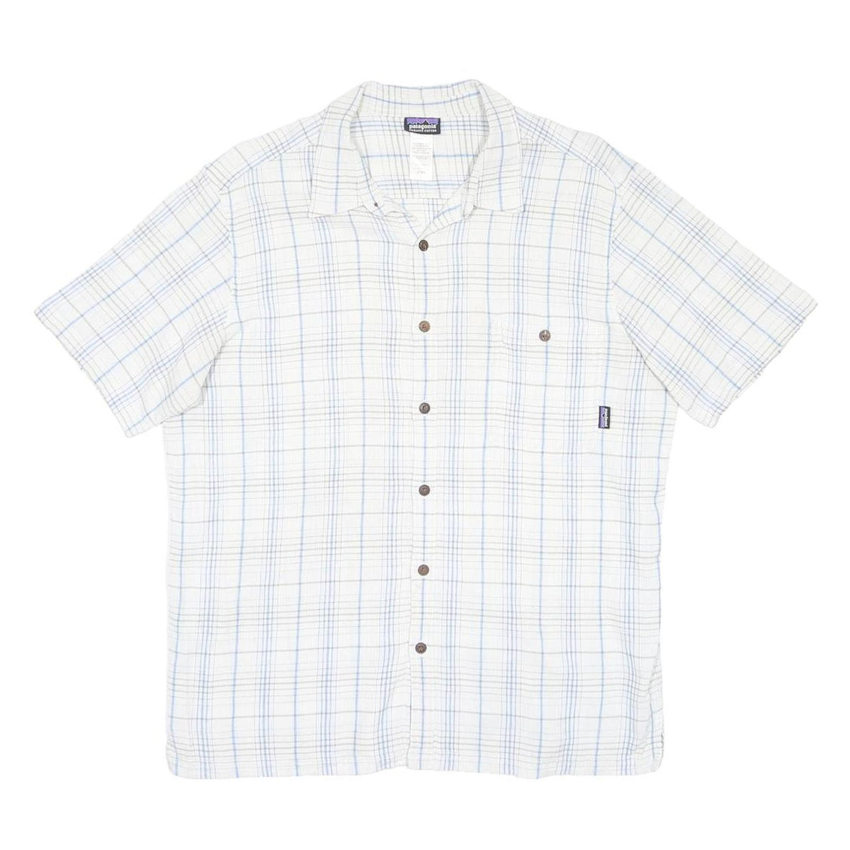 PATAGONIA Mens White & Blue Pattern Shirt L Cotton Casual Button-Up Summer