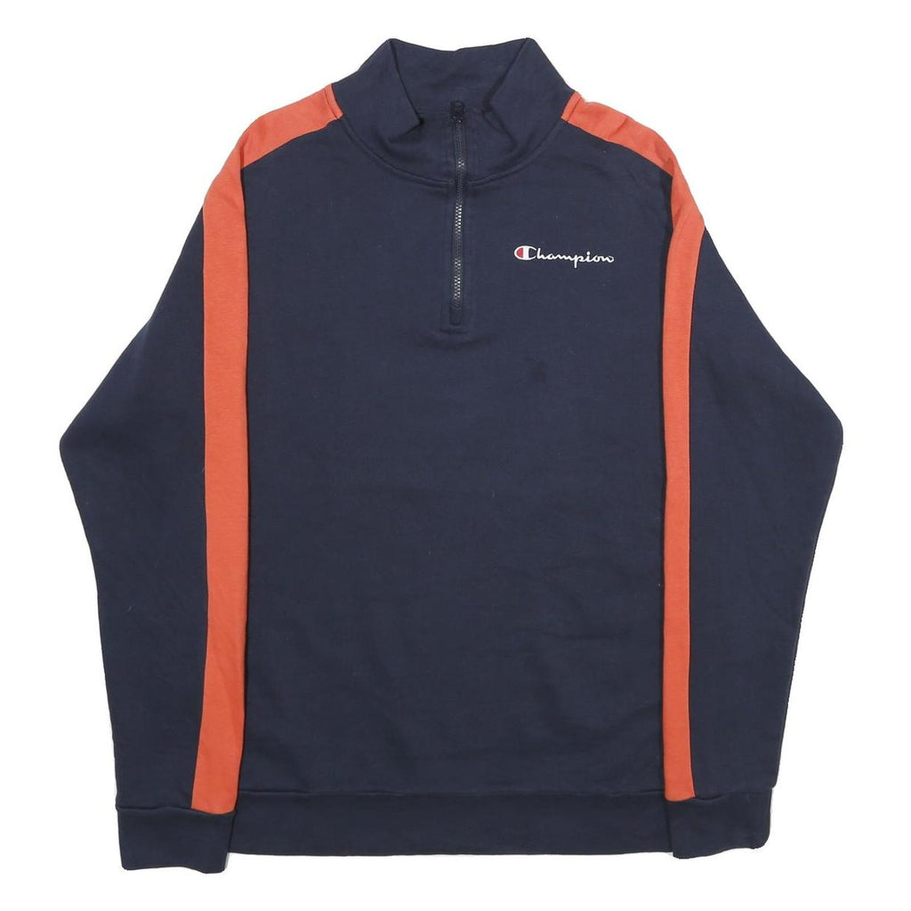 CHAMPION Mens Navy & Orange 1/4 Zip Sweatshirt L Cotton Blend Casual Pullover