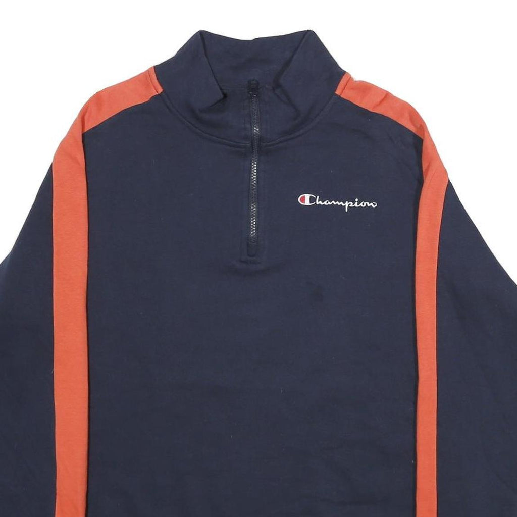 CHAMPION Mens Navy & Orange 1/4 Zip Sweatshirt L Cotton Blend Casual Pullover