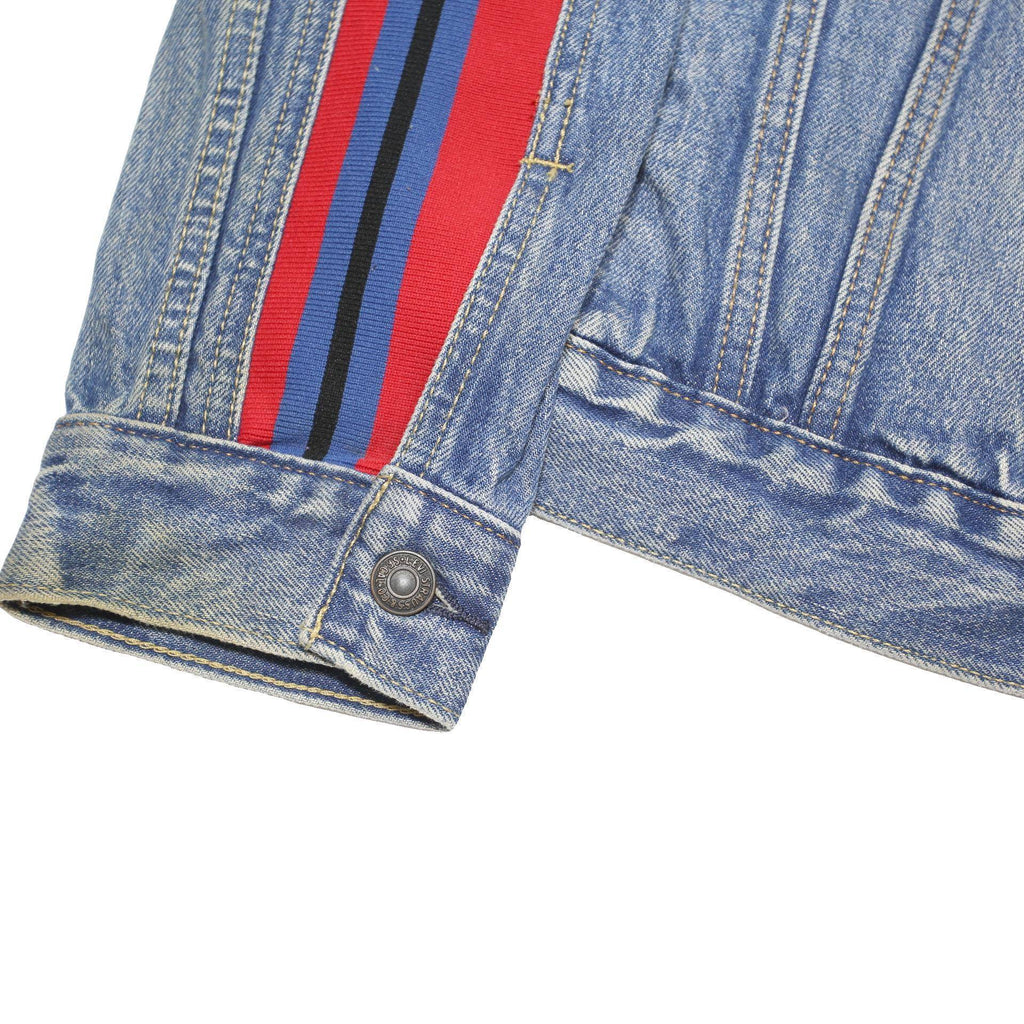 LEVI'S Womens Blue Denim Jacket M Cotton Blend Button Closure Striped Sleeve