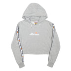 ELLESSE Womens Grey Cropped Hoodie UK 4 Tape Logo Sleeves Jersey Drawstring