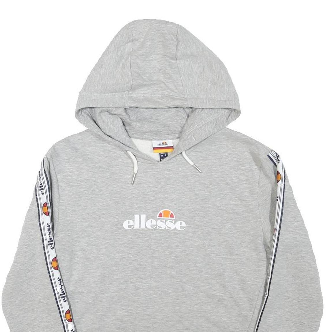 ELLESSE Womens Grey Cropped Hoodie UK 4 Tape Logo Sleeves Jersey Drawstring