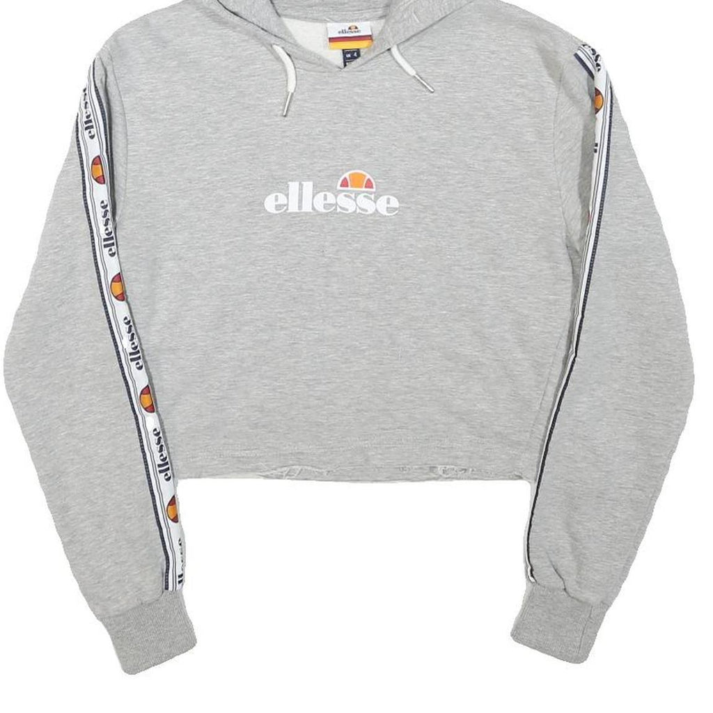 ELLESSE Womens Grey Cropped Hoodie UK 4 Tape Logo Sleeves Jersey Drawstring