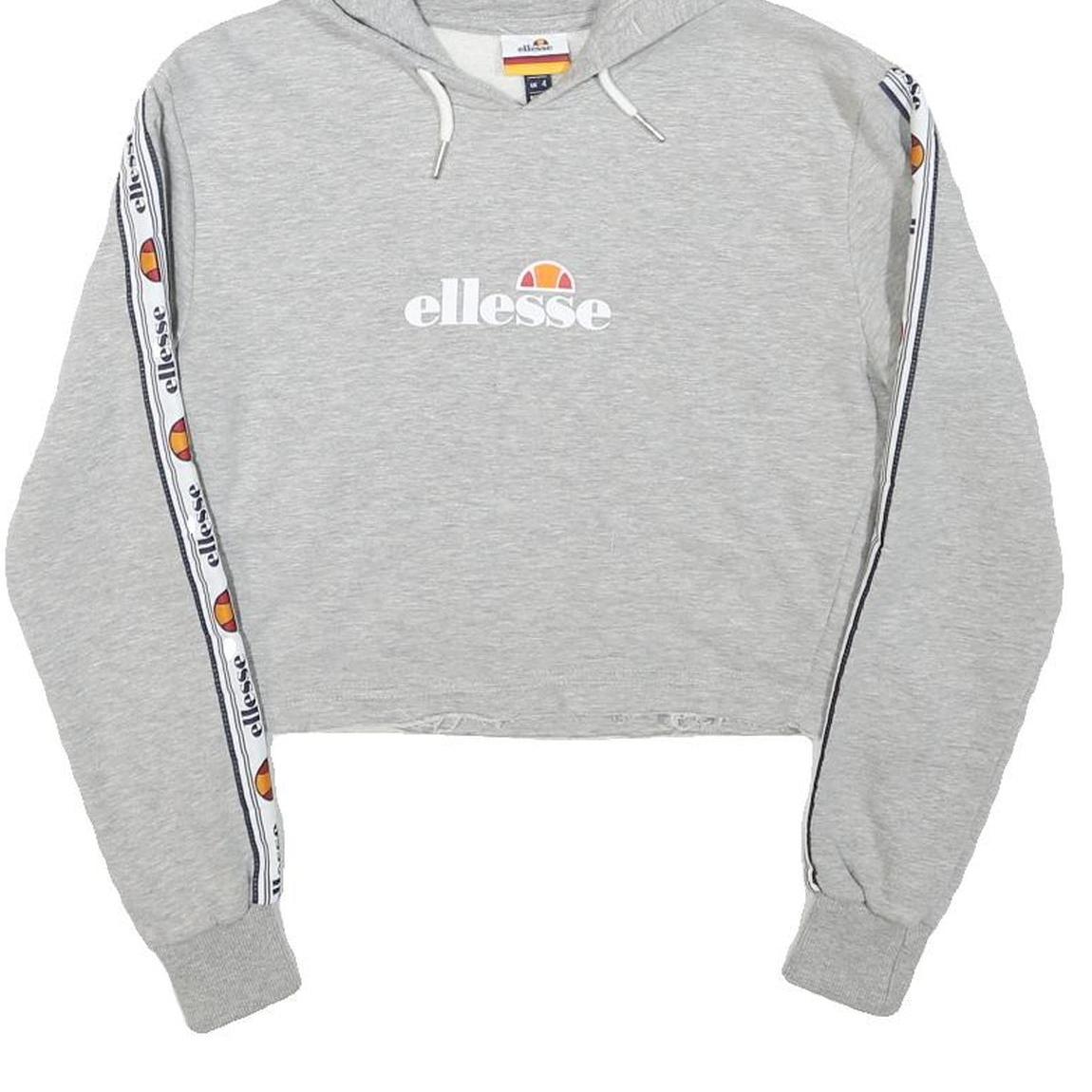 ELLESSE Womens Grey Cropped Hoodie UK 4 Tape Logo Sleeves Jersey Drawstring