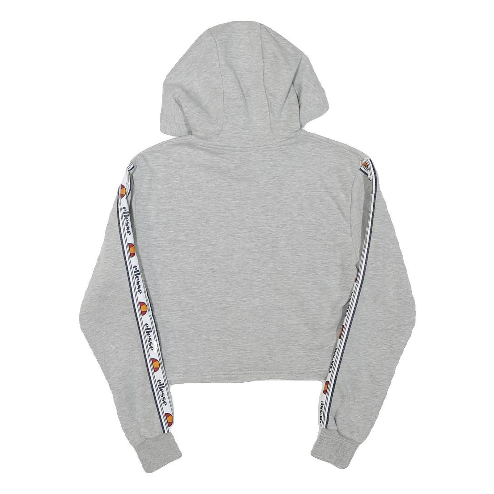 ELLESSE Womens Grey Cropped Hoodie UK 4 Tape Logo Sleeves Jersey Drawstring
