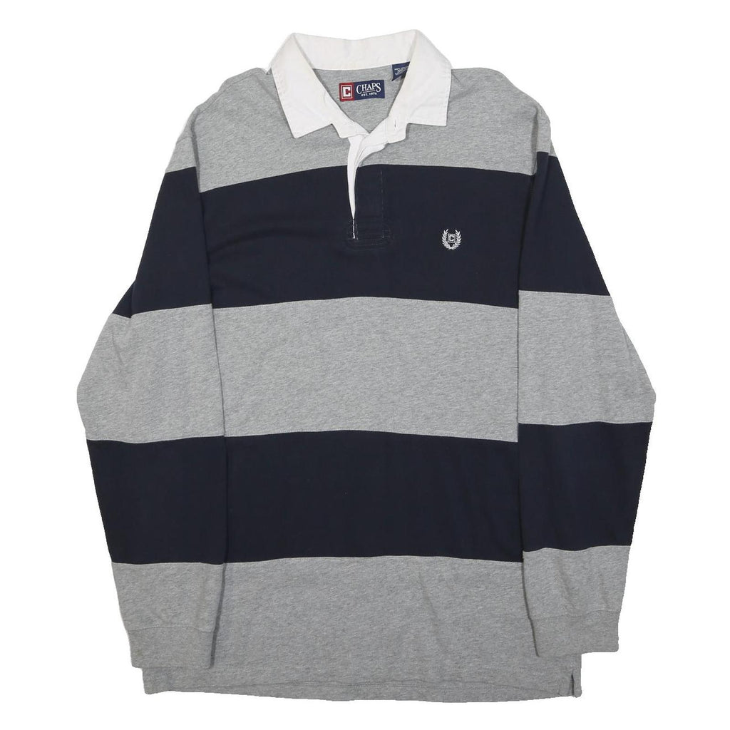 CHAPS Mens Grey & Navy Rugby Stripe Long Sleeve Polo Shirt L Classic Cotton