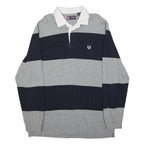 CHAPS Mens Grey & Navy Rugby Stripe Long Sleeve Polo Shirt L Classic Cotton