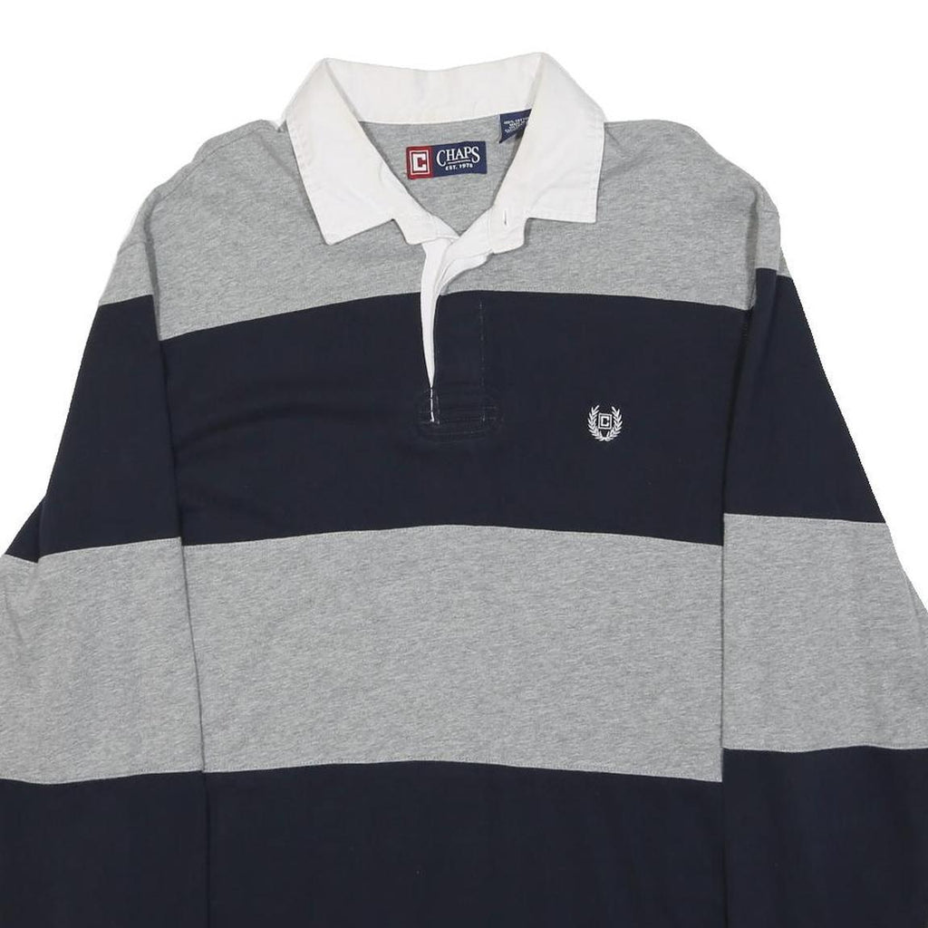 CHAPS Mens Grey & Navy Rugby Stripe Long Sleeve Polo Shirt L Classic Cotton
