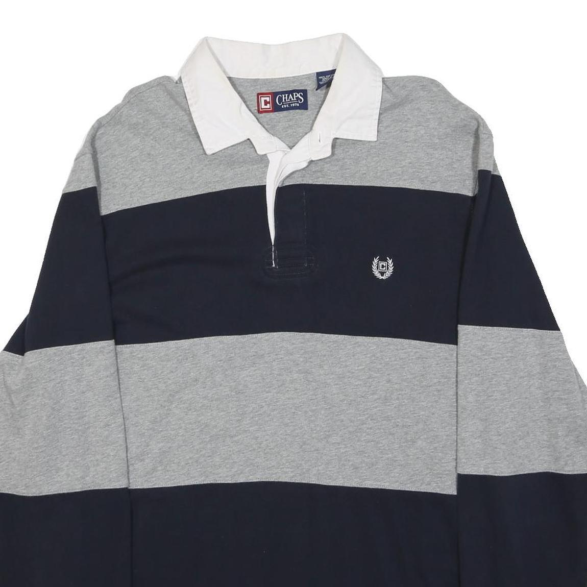CHAPS Mens Grey & Navy Rugby Stripe Long Sleeve Polo Shirt L Classic Cotton