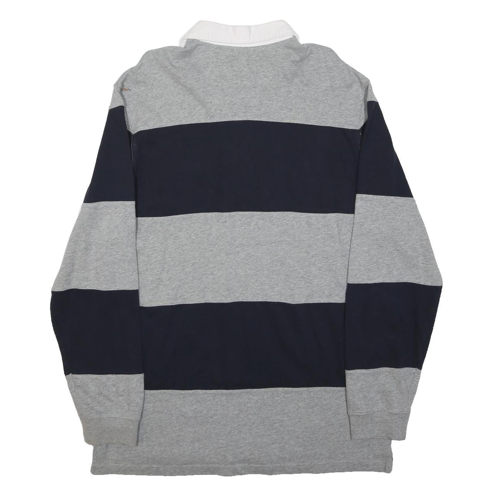 CHAPS Mens Grey & Navy Rugby Stripe Long Sleeve Polo Shirt L Classic Cotton
