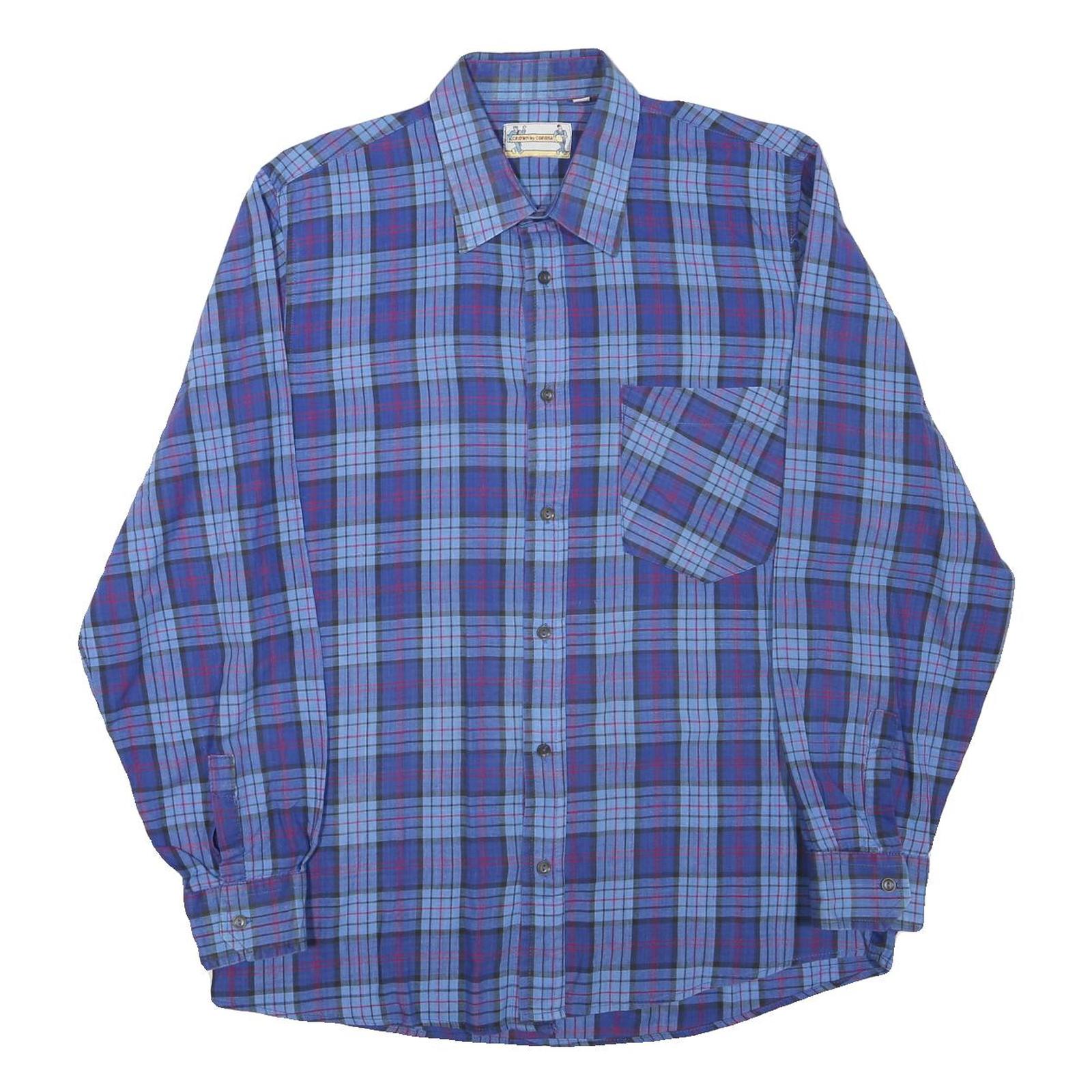 CROWN BY CORONA Mens Blue Plaid Shirt M Cotton Blend Casual Long Sleeve