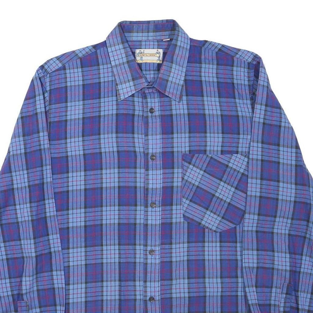 CROWN BY CORONA Mens Blue Plaid Shirt M Cotton Blend Casual Long Sleeve