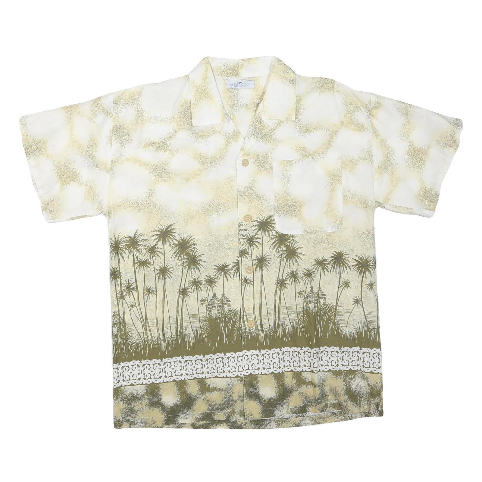 MUS KOX Mens Cream & Olive Green Short Sleeve Cotton Blend Shirt M Tropical